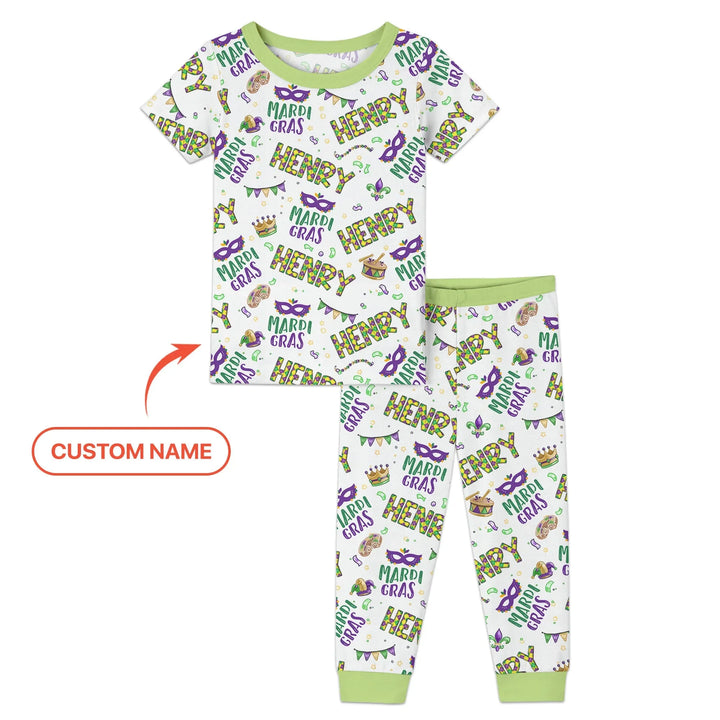 Custom Name Make your own Mardi Gras Bamboo Two Piece Short Sleeve Pajama Set