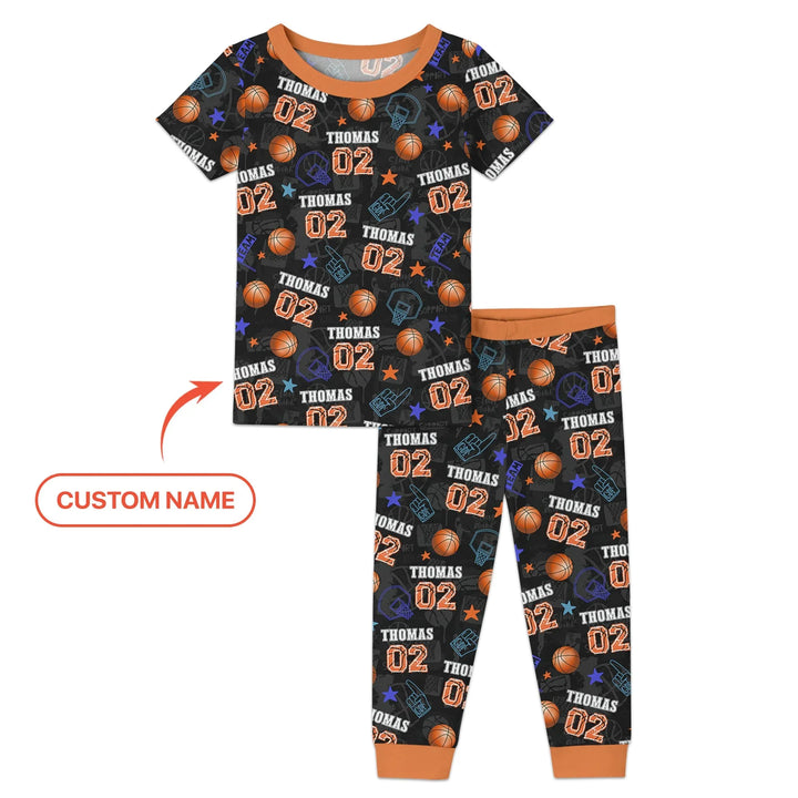 Custom Name Basketball Time Bamboo Two Piece Short Sleeve Pajama Set
