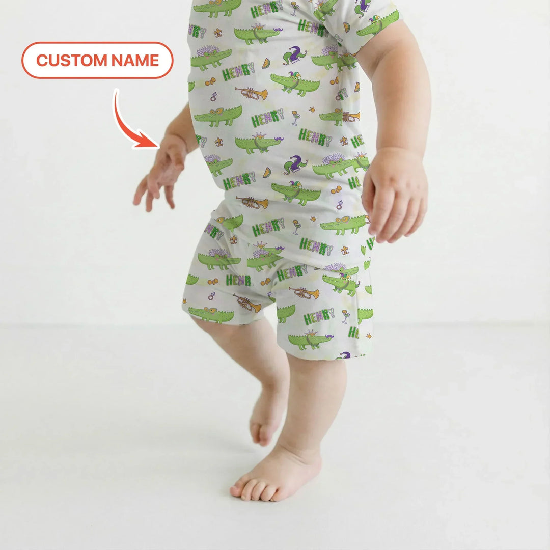 Alligator Mardi Gras Festival Bamboo Two Piece Short Sleeve Shorts Pajama Set