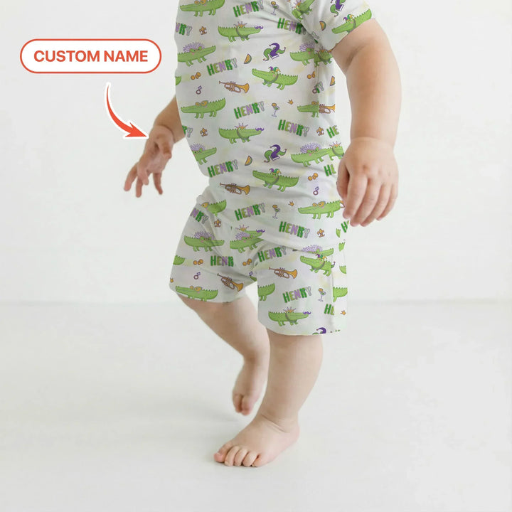 Alligator Mardi Gras Festival Bamboo Two Piece Short Sleeve Shorts Pajama Set