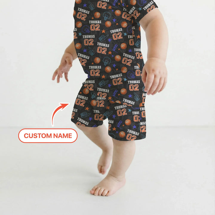 Custom Name Basketball Time Bamboo Two Piece Short Sleeve Shorts Pajama Set
