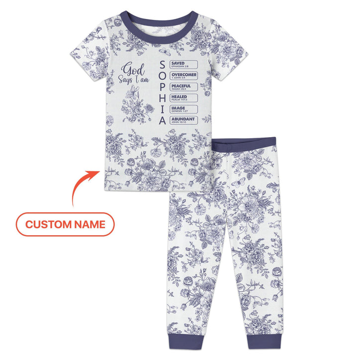 God Says I Am – Faith in Bloom Custom Name and Affirmations Bamboo Two Piece Short Sleeve Pajama Set