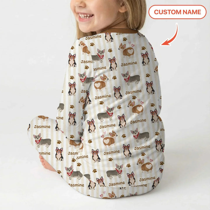 Custom Name Playful Corgis Family Matching Bamboo Two Piece Long Sleeve Pajama Set