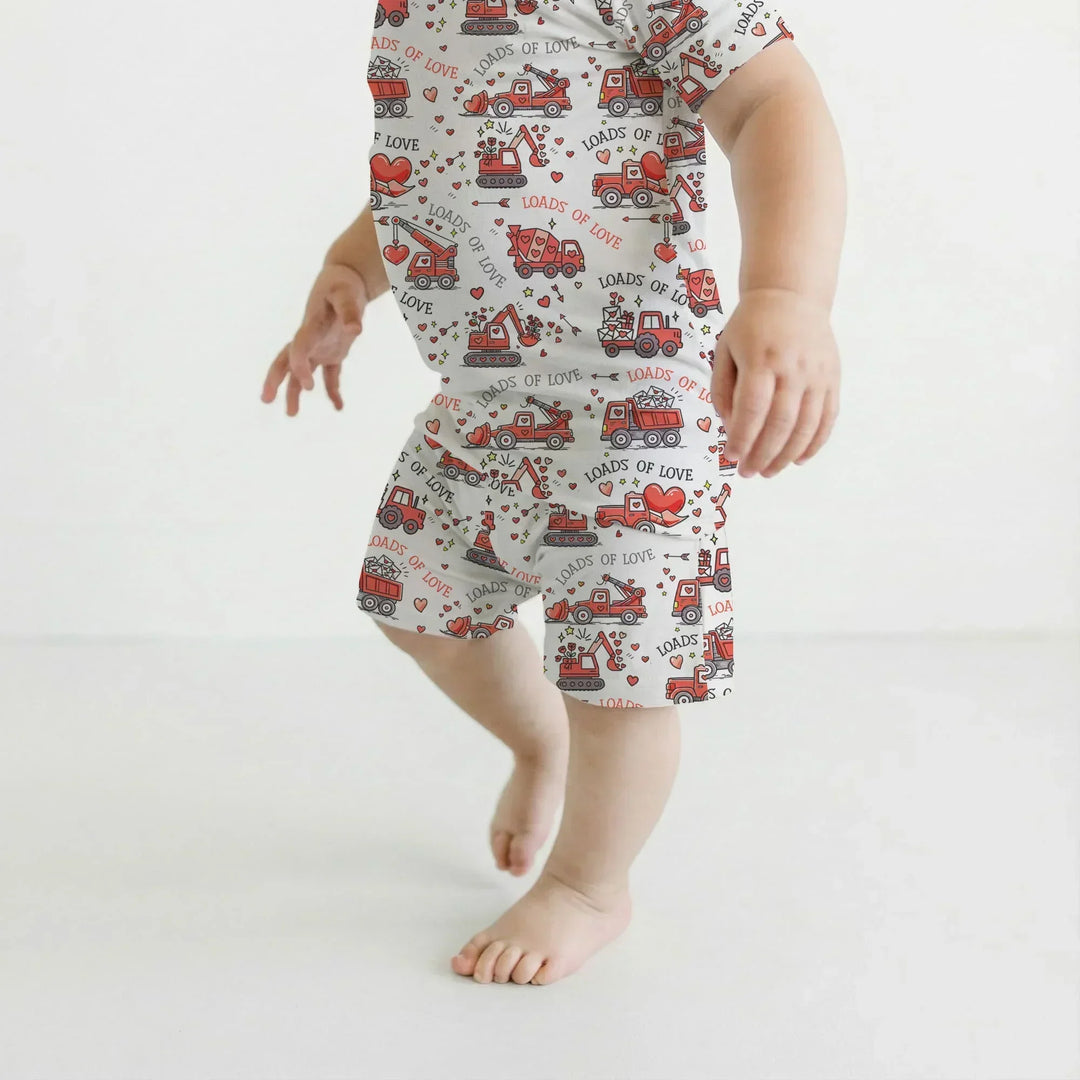 Construction Trucks Loads of Love Bamboo Two Piece Short Sleeve Shorts Pajama Set