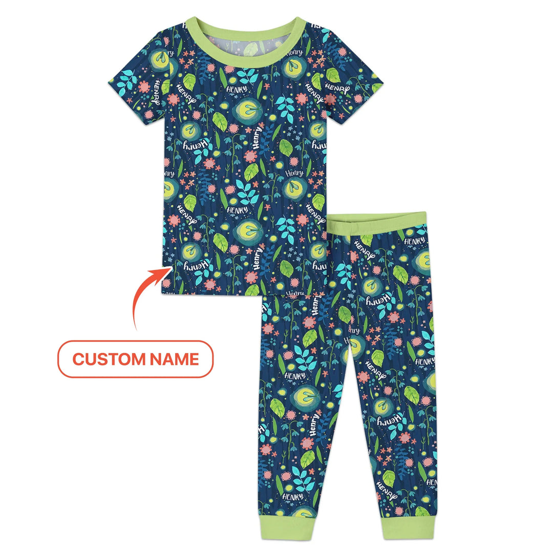 Nighttime Bugs Custom Name Bamboo Two Piece Short Sleeve Pajama Set