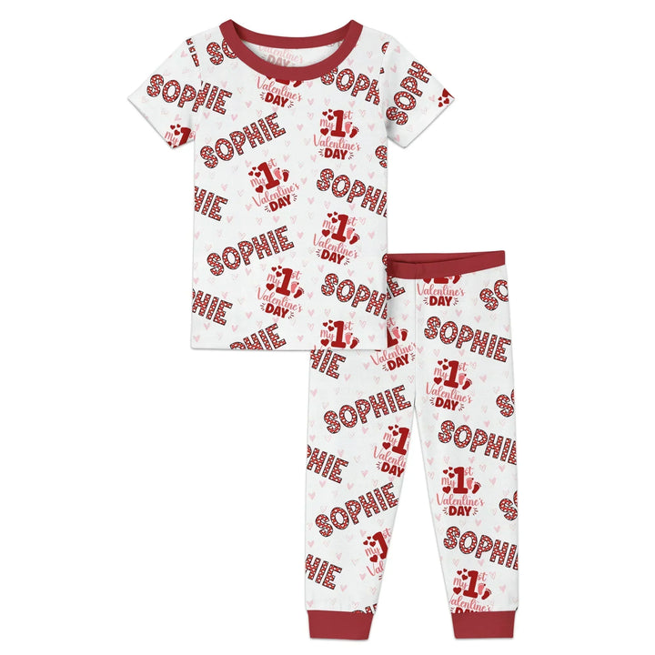 Custom Name My 1st Valentine's Day Bamboo Two Piece Short Sleeve Pajama Set