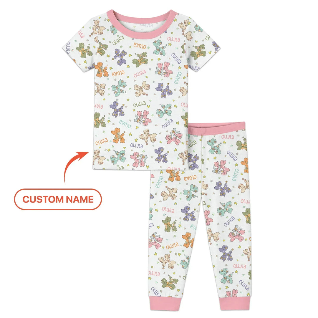 Custom Name Balloon Dog Bamboo Two Piece Short Sleeve Pajama Set