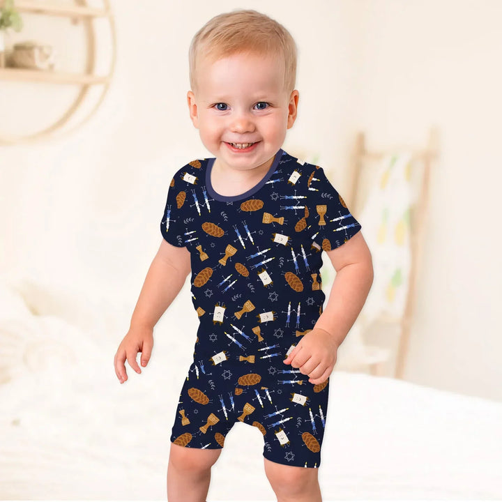 Shabbat Shalom Family Matching Bamboo Two Piece Short Sleeve Shorts Pajama Set