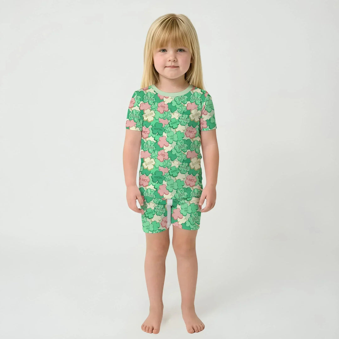 Lucky Vibes Shamrock Bamboo Two Piece Short Sleeve Shorts Pajama Set