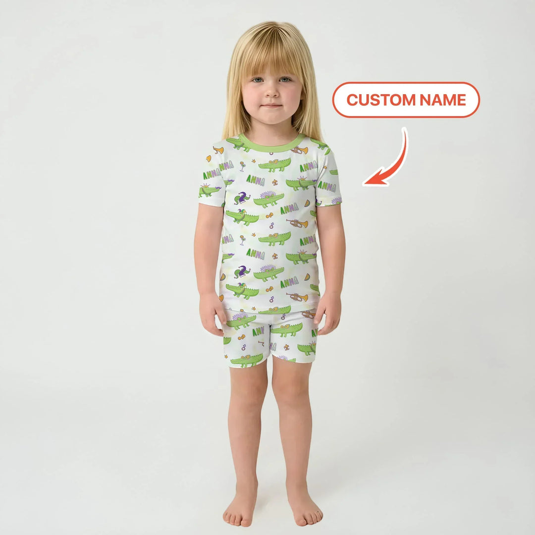 Alligator Mardi Gras Festival Bamboo Two Piece Short Sleeve Shorts Pajama Set