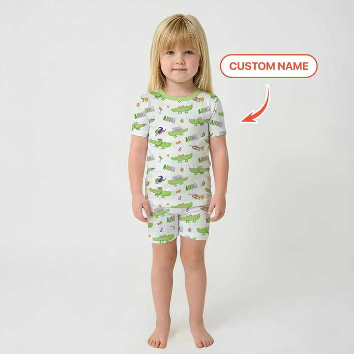 Alligator Mardi Gras Festival Bamboo Two Piece Short Sleeve Shorts Pajama Set