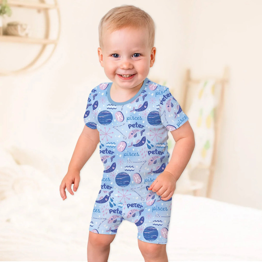 Custom Name Zodiac Pisces Bamboo Two Piece Short Sleeve Shorts Pajama Set