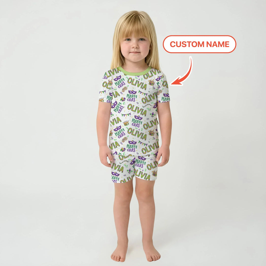 Custom Name Make your own Mardi Gras Bamboo Two Piece Short Sleeve Shorts Pajama Set