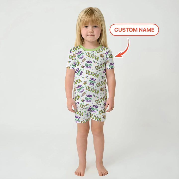 Custom Name Make your own Mardi Gras Bamboo Two Piece Short Sleeve Shorts Pajama Set