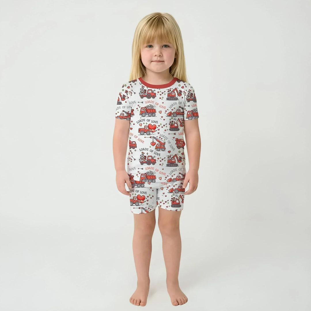 Construction Trucks Loads of Love Bamboo Two Piece Short Sleeve Shorts Pajama Set