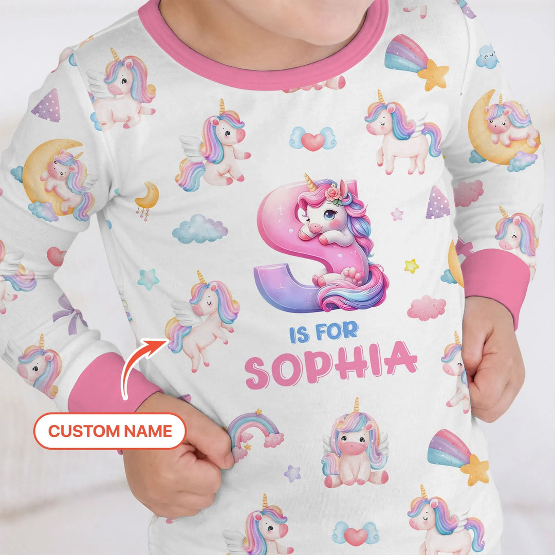 Unicorn Dreams Custom Name Bamboo Two Piece Long Sleeve Pajama Set