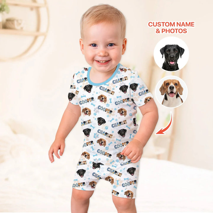 Custom Name Doodle Letters Blue Dog Bamboo Two Piece Short Sleeve Shorts Pajama Set