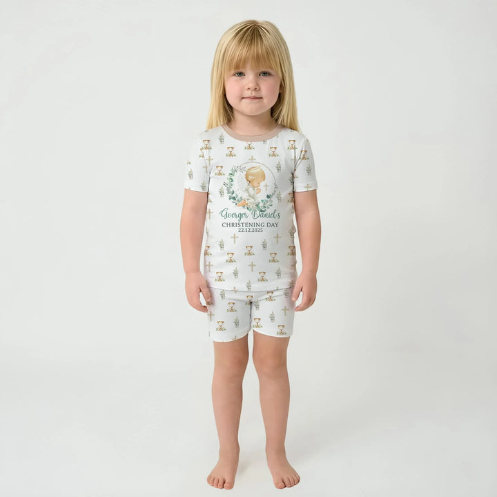 First Christening Day Custom Name Bamboo Two Piece Short Sleeve Shorts Pajama Set