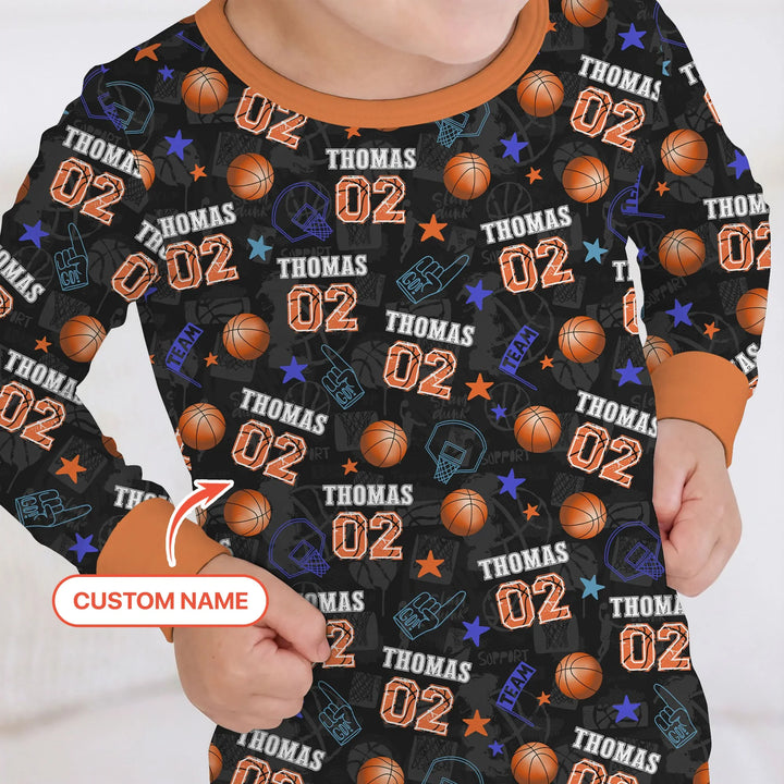 Custom Name Basketball Time Bamboo Two Piece Long Sleeve Pajama Set