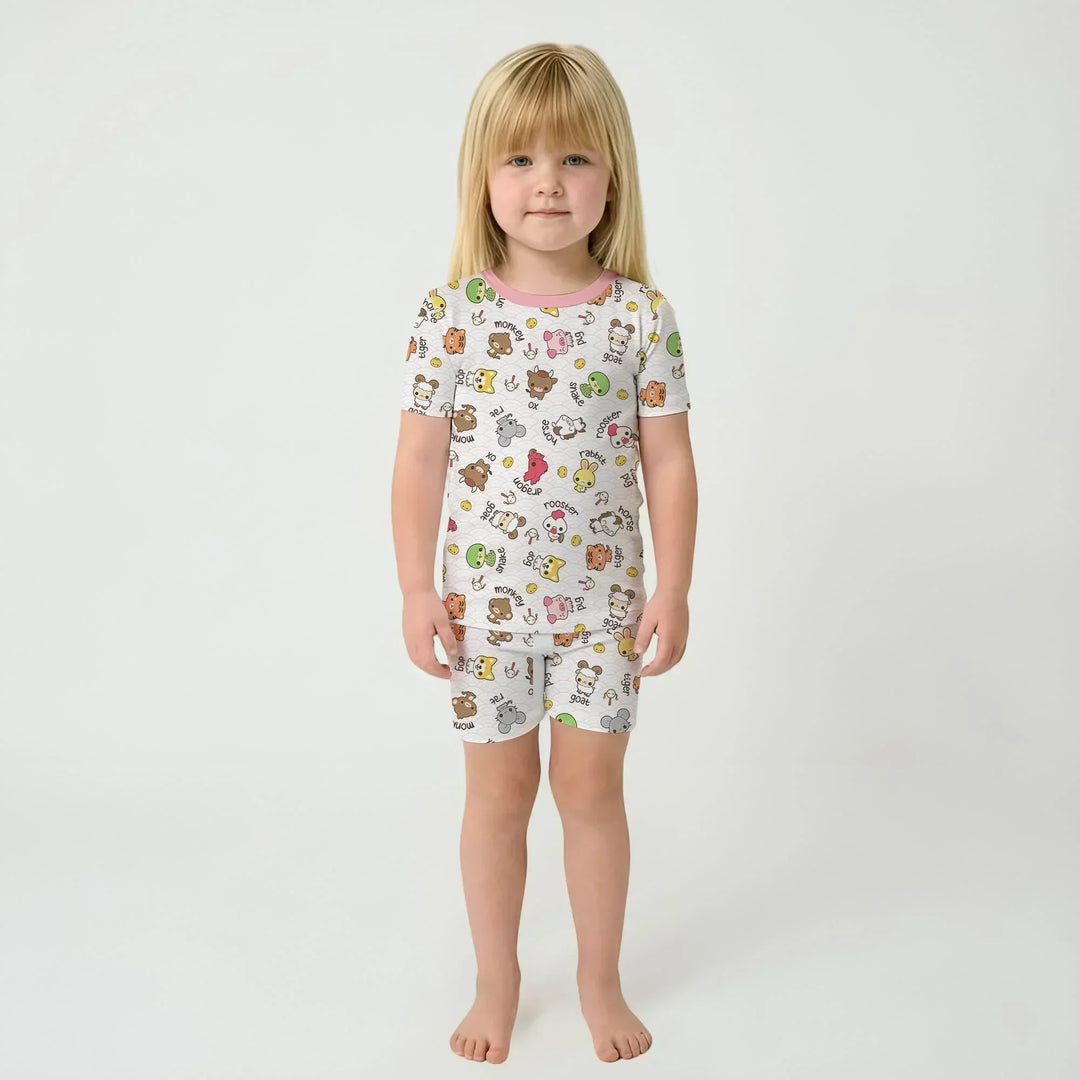 Kawaii Zodiac Bamboo Two Piece Short Sleeve Shorts Pajama Set