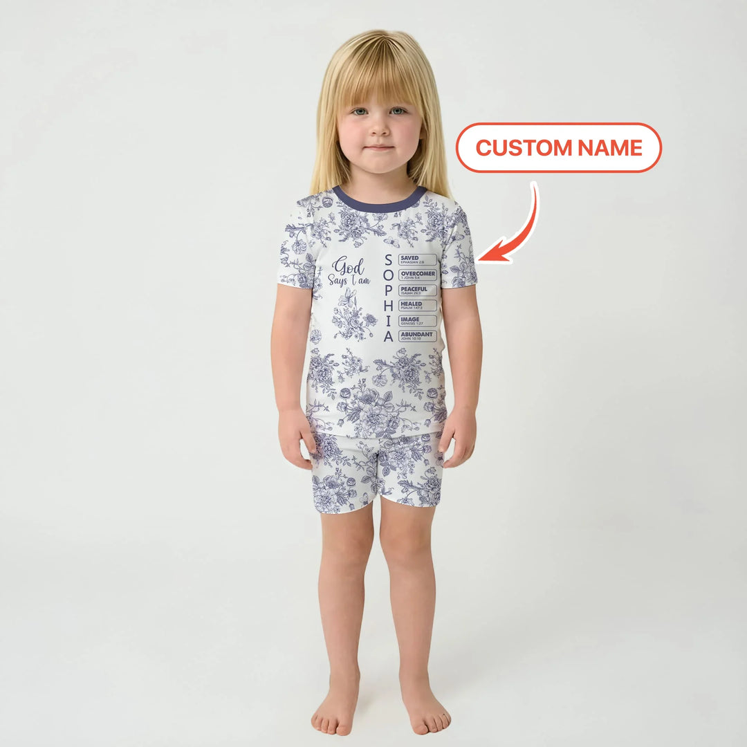 God Says I Am – Faith in Bloom Custom Name and Affirmations Bamboo Two Piece Short Sleeve Shorts Pajama Set