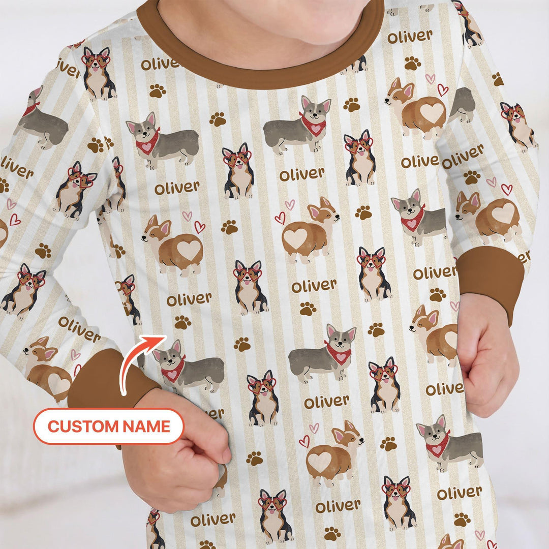 Custom Name Playful Corgis Family Matching Bamboo Two Piece Long Sleeve Pajama Set