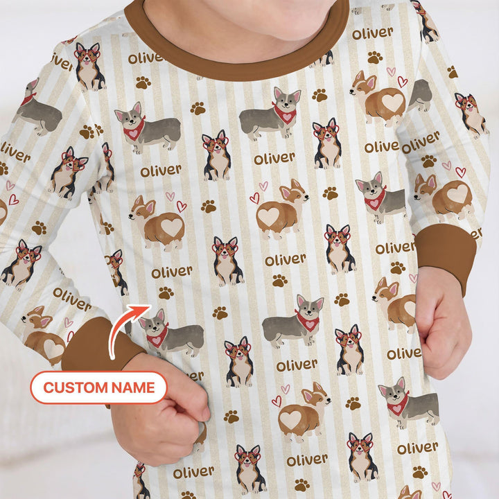 Custom Name Playful Corgis Family Matching Bamboo Two Piece Long Sleeve Pajama Set