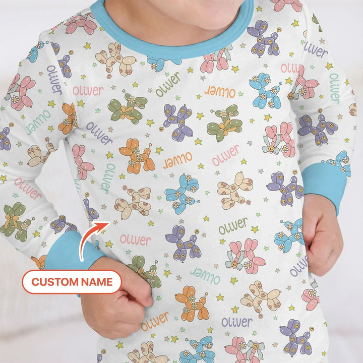 Custom Name Balloon Dog Bamboo Two Piece Long Sleeve Pajama Set