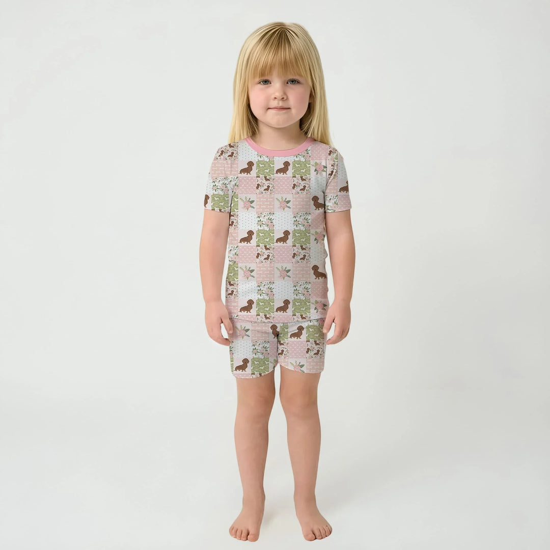 Floral Dachshund Grace Bamboo Two Piece Short Sleeve Shorts Pajama Set