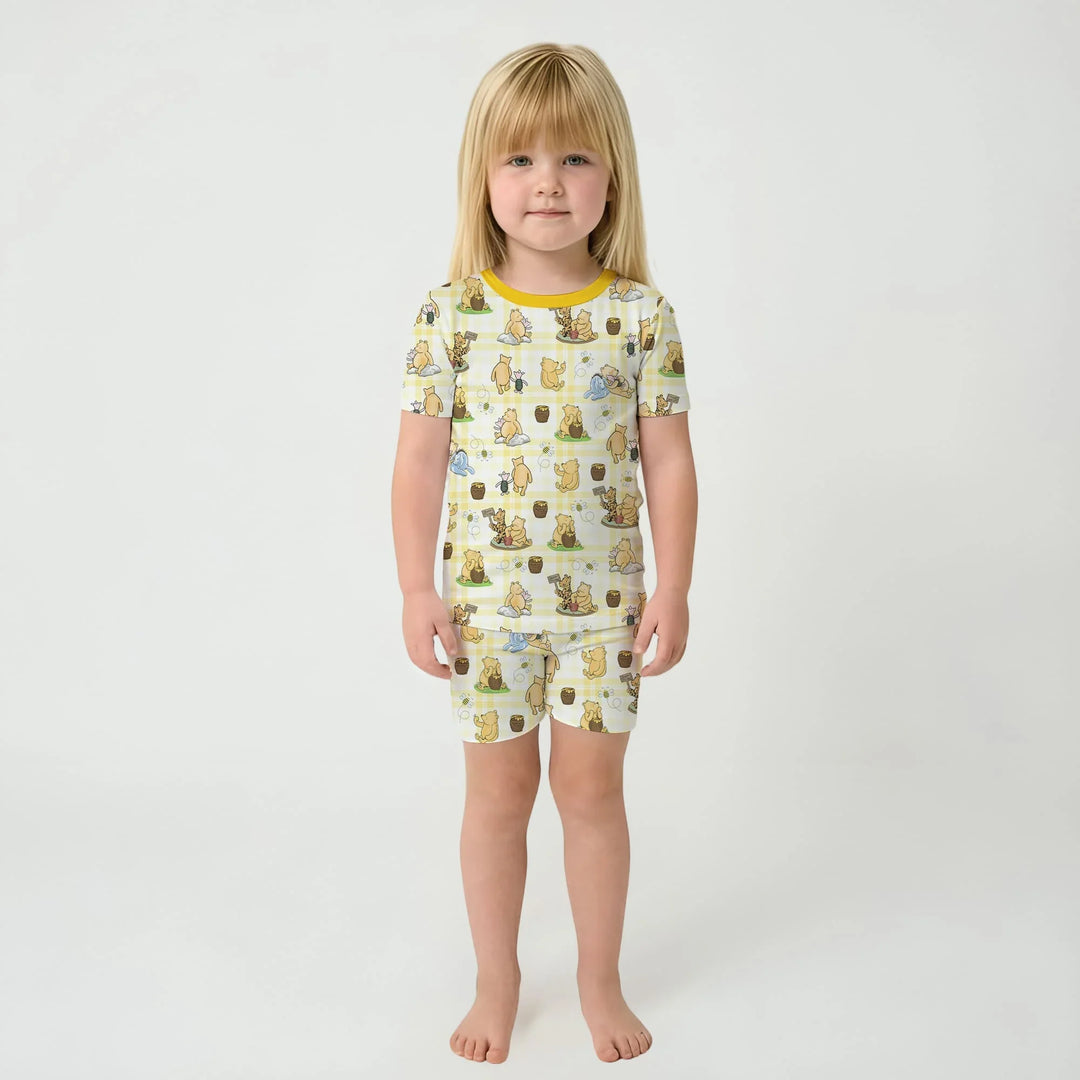 Bear & Friends Yellow Plaid Bamboo Two Piece Short Sleeve Shorts Pajama Set