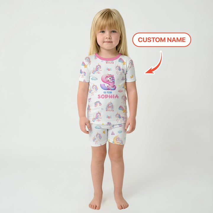 Unicorn Dreams Custom Name Bamboo Two Piece Short Sleeve Shorts Pajama Set