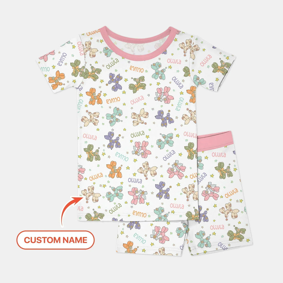 Custom Name Balloon Dog Bamboo Two Piece Short Sleeve Shorts Pajama Set