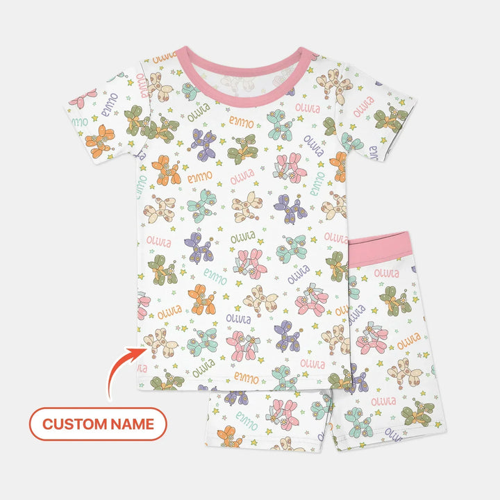 Custom Name Balloon Dog Bamboo Two Piece Short Sleeve Shorts Pajama Set