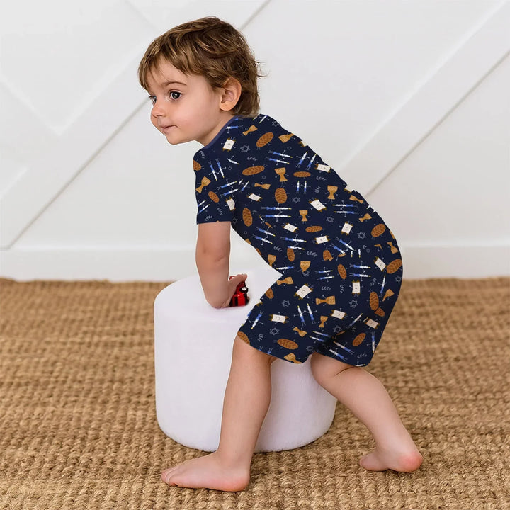 Shabbat Shalom Family Matching Bamboo Two Piece Short Sleeve Shorts Pajama Set