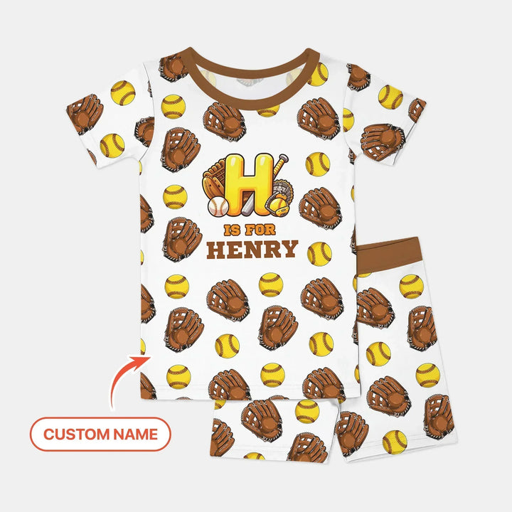 Softball Patterns Customized Bamboo Two Piece Short Sleeve Shorts Pajama Set