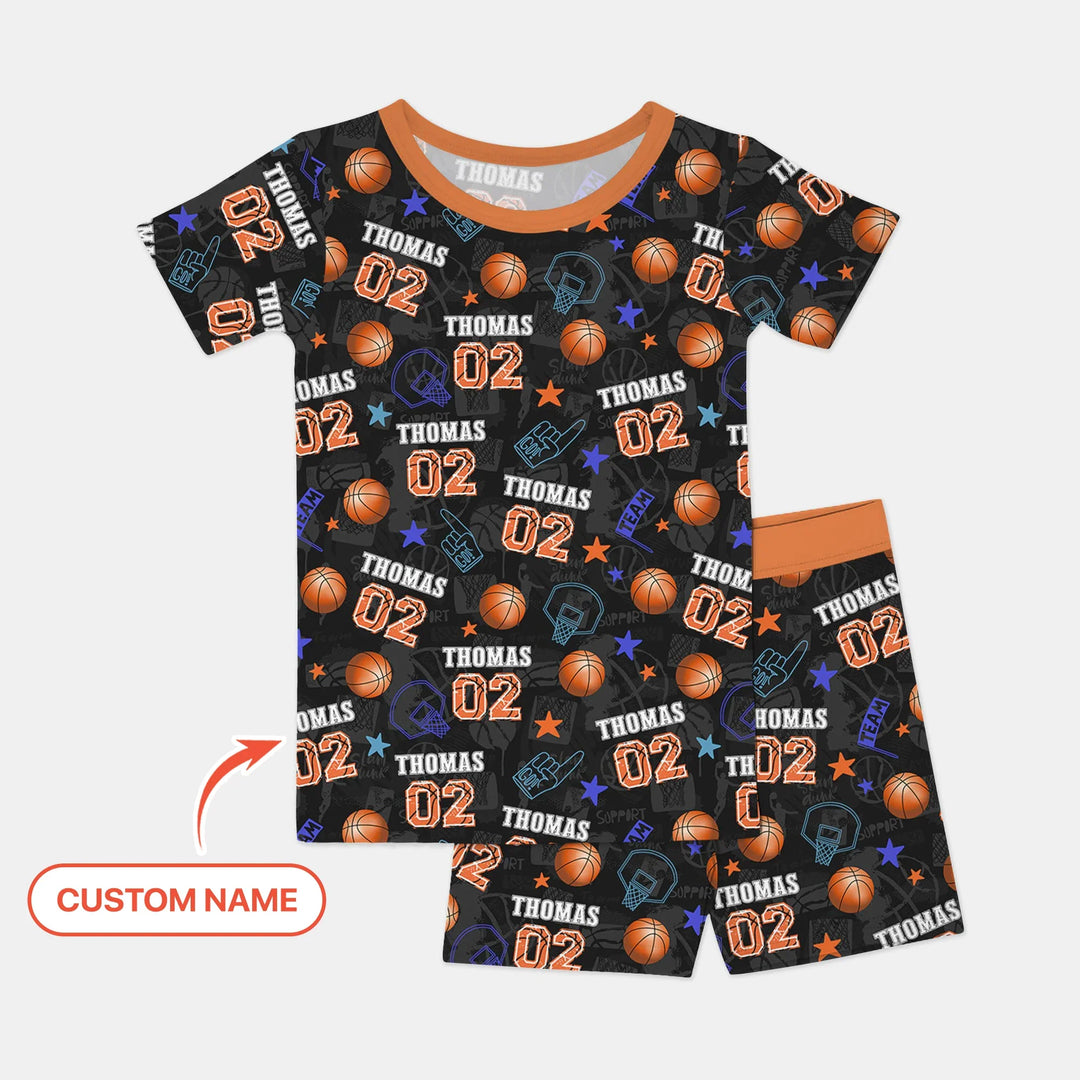 Custom Name Basketball Time Bamboo Two Piece Short Sleeve Shorts Pajama Set