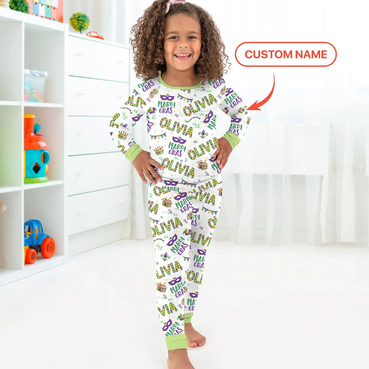 Custom Name Make your own Mardi Gras Bamboo Two Piece Long Sleeve Pajama Set