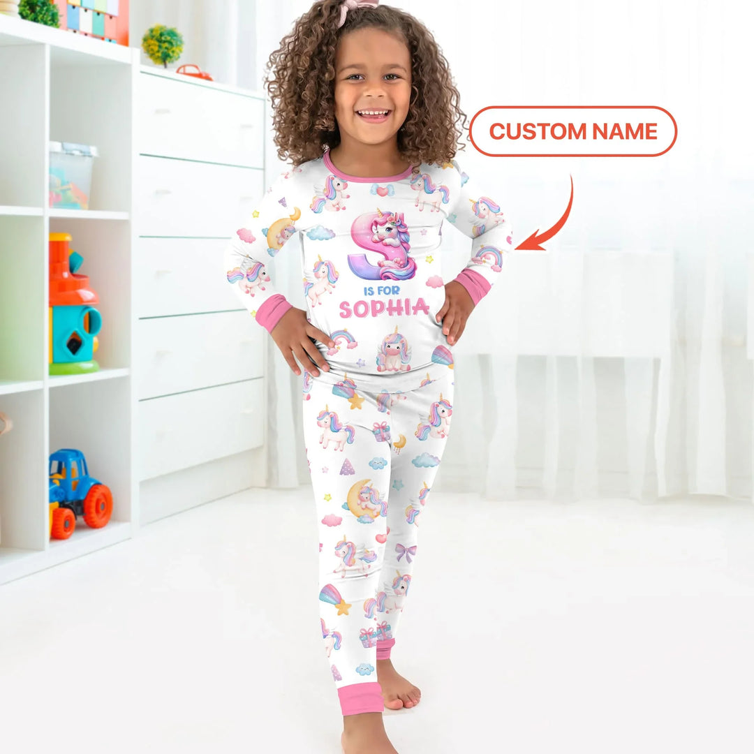 Unicorn Dreams Custom Name Bamboo Two Piece Long Sleeve Pajama Set