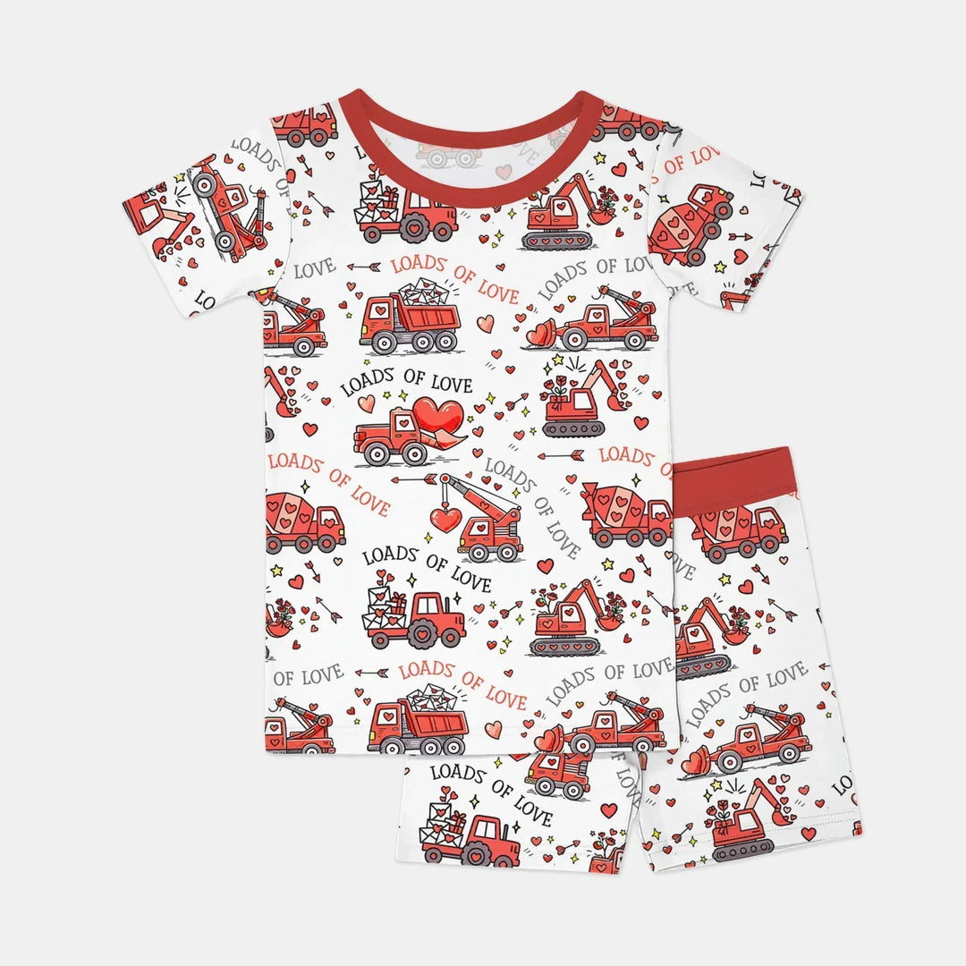 Construction Trucks Loads of Love Bamboo Two Piece Short Sleeve Shorts Pajama Set