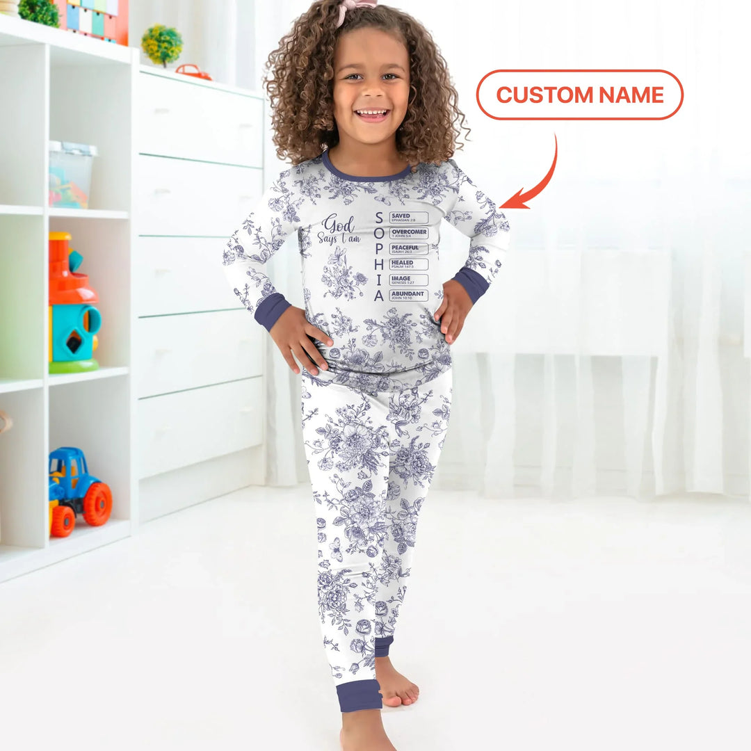 God Says I Am – Faith in Bloom Custom Name and Affirmations Bamboo Two Piece Long Sleeve Pajama Set