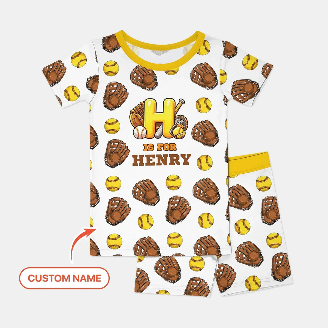 Softball Patterns Customized Bamboo Two Piece Short Sleeve Shorts Pajama Set
