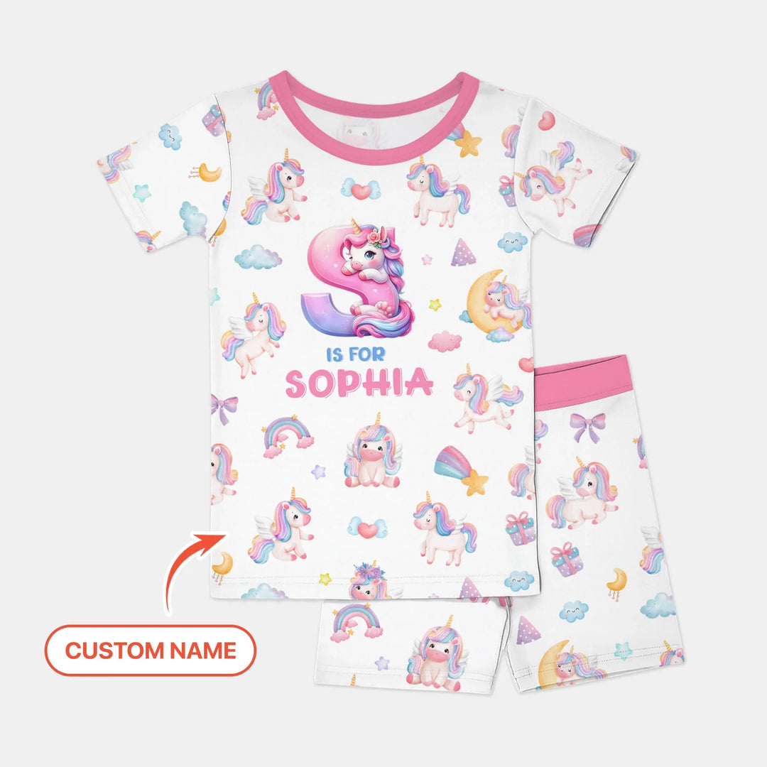 Unicorn Dreams Custom Name Bamboo Two Piece Short Sleeve Shorts Pajama Set