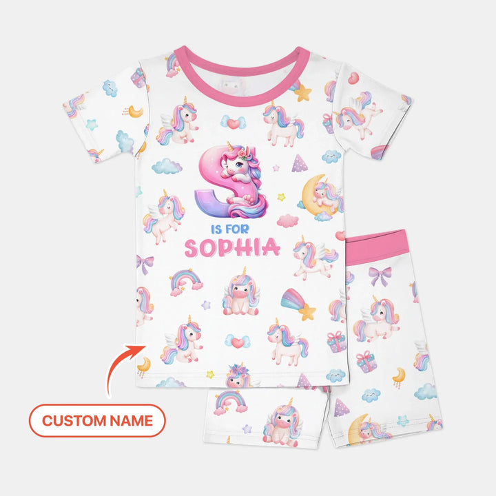 Unicorn Dreams Custom Name Bamboo Two Piece Short Sleeve Shorts Pajama Set