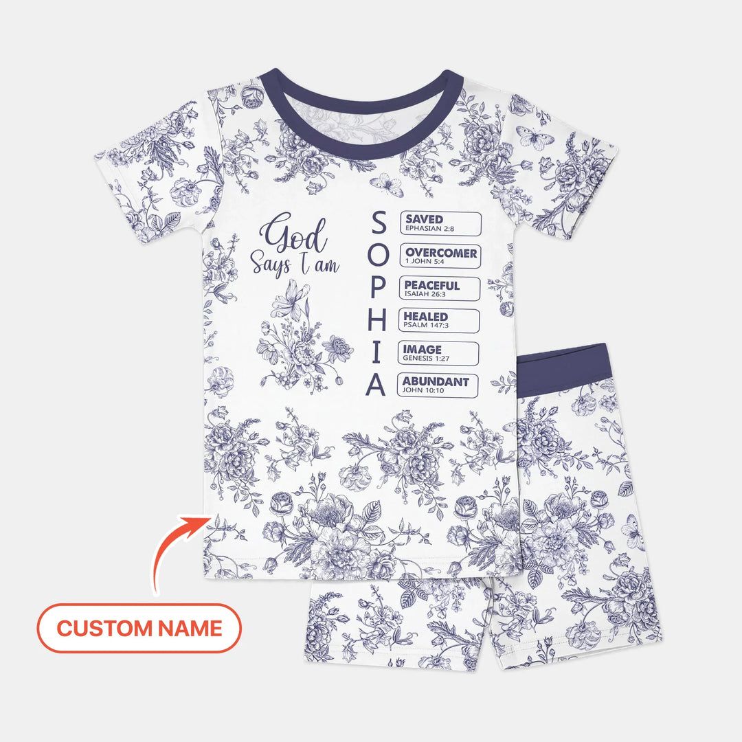 God Says I Am – Faith in Bloom Custom Name and Affirmations Bamboo Two Piece Short Sleeve Shorts Pajama Set
