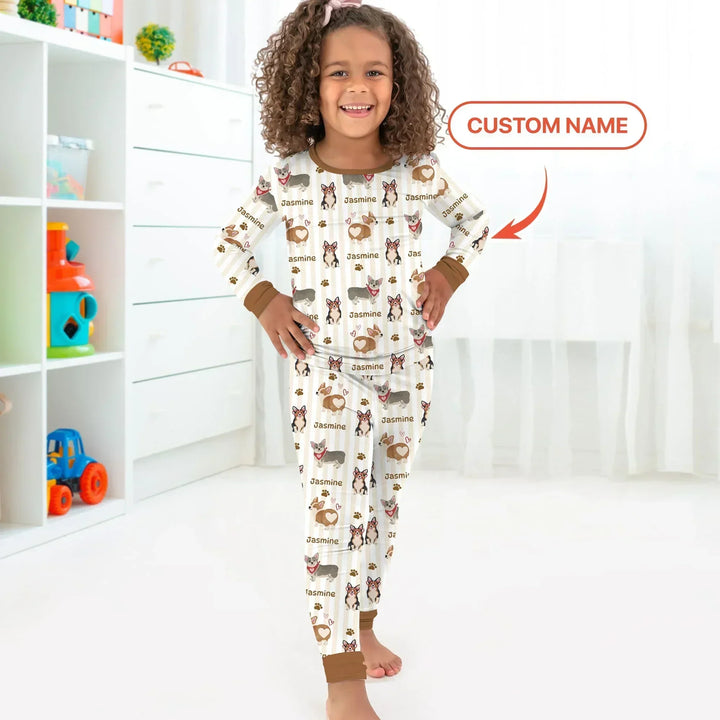 Custom Name Playful Corgis Family Matching Bamboo Two Piece Long Sleeve Pajama Set