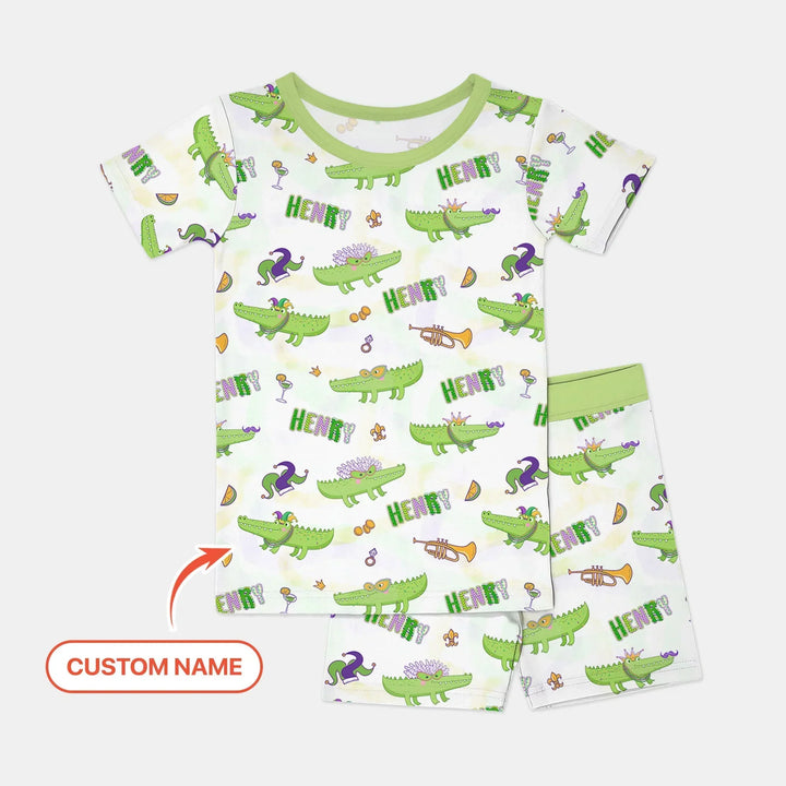Alligator Mardi Gras Festival Bamboo Two Piece Short Sleeve Shorts Pajama Set
