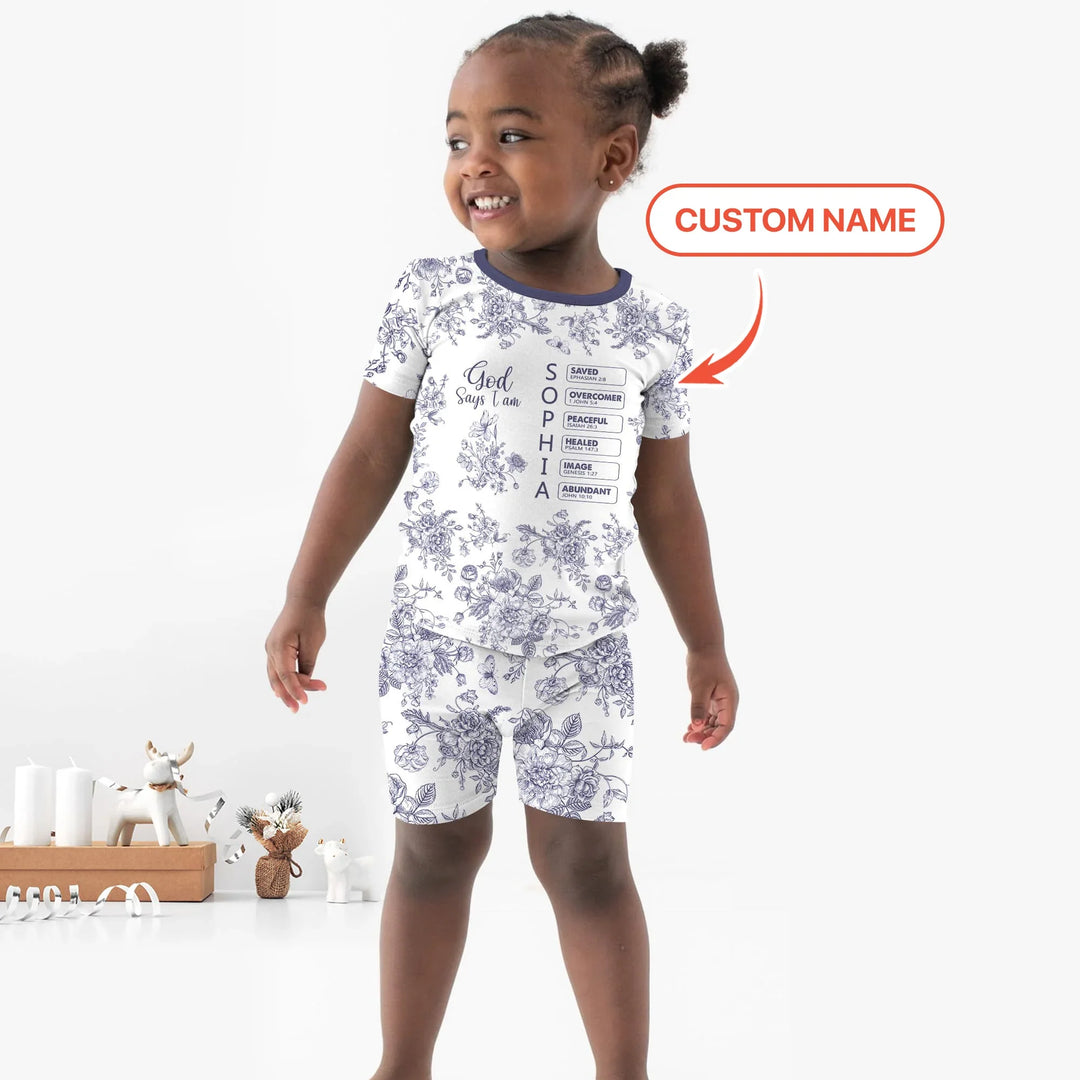 God Says I Am – Faith in Bloom Custom Name and Affirmations Bamboo Two Piece Short Sleeve Shorts Pajama Set