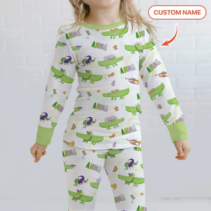 Alligator Mardi Gras Festival Bamboo Two Piece Long Sleeve Pajama Set