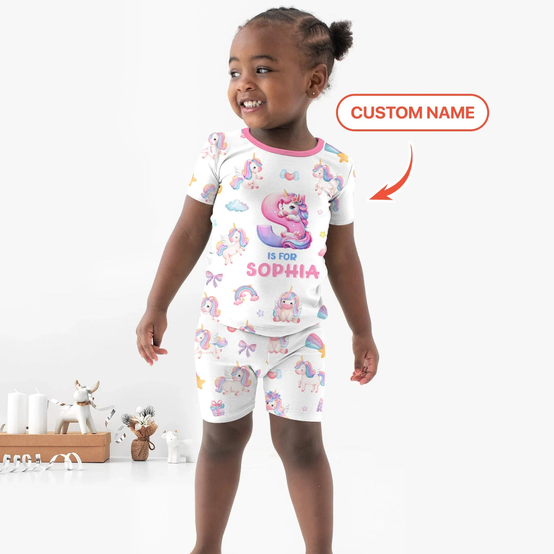 Unicorn Dreams Custom Name Bamboo Two Piece Short Sleeve Shorts Pajama Set