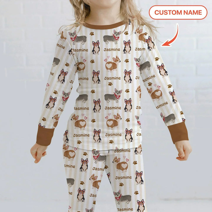 Custom Name Playful Corgis Family Matching Bamboo Two Piece Long Sleeve Pajama Set